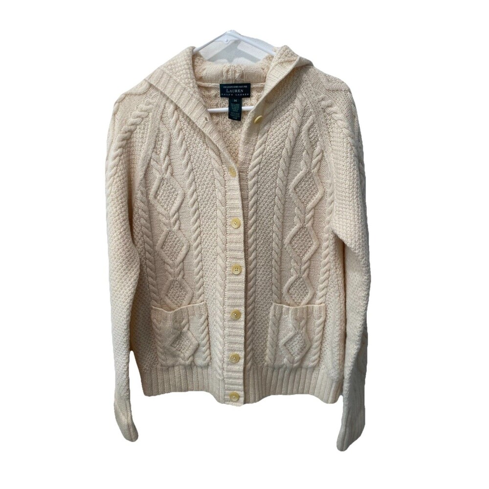Vtg Ralph Lauren Excl Hand Knit Wool Ivory Hooded Fisherman Sweater Rare Sz M‎